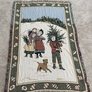 Coming Home Children Christmas Tree Dog Tapestry Throw Fringes Cotton USA 69"x47